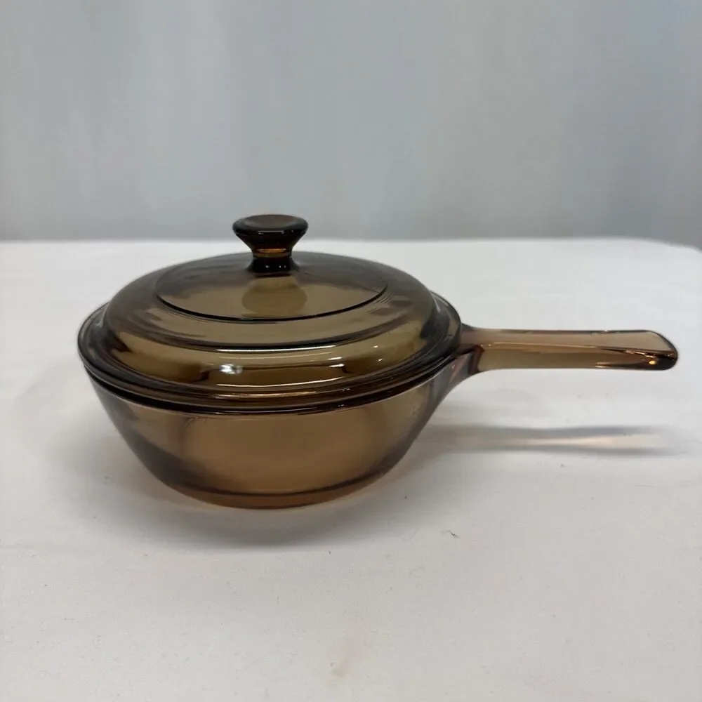 Vintage Vision Corning Ware Amber Brown 0.5 L Sauce Pan Pot With Pyrex Lid USA